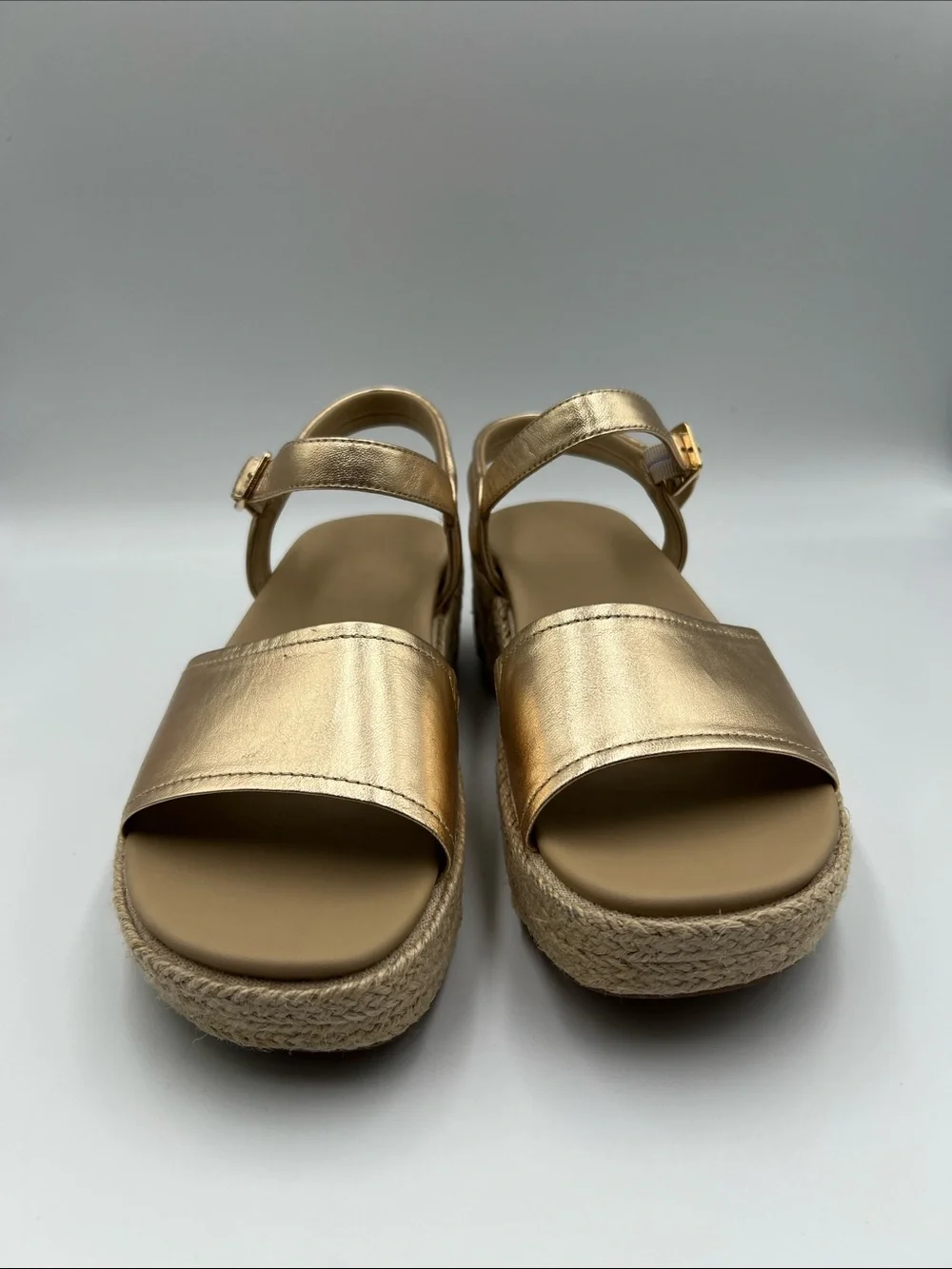 ABEO Solstice Buckle Espadrille wedge sandal shoe metallic gold platform EUC 7